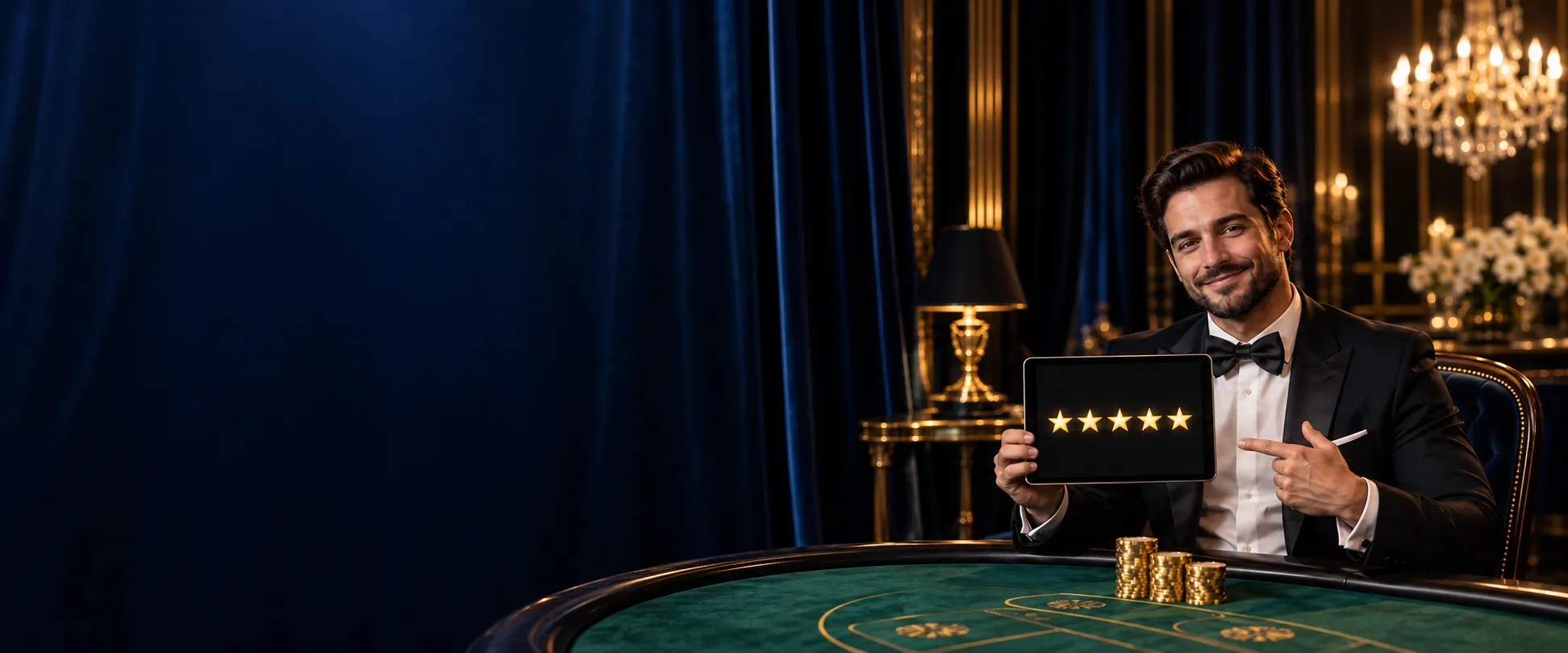 Man in a tuxedo holding a tablet with five-star reviews at a baccarat table, Here2Win Casino reviews