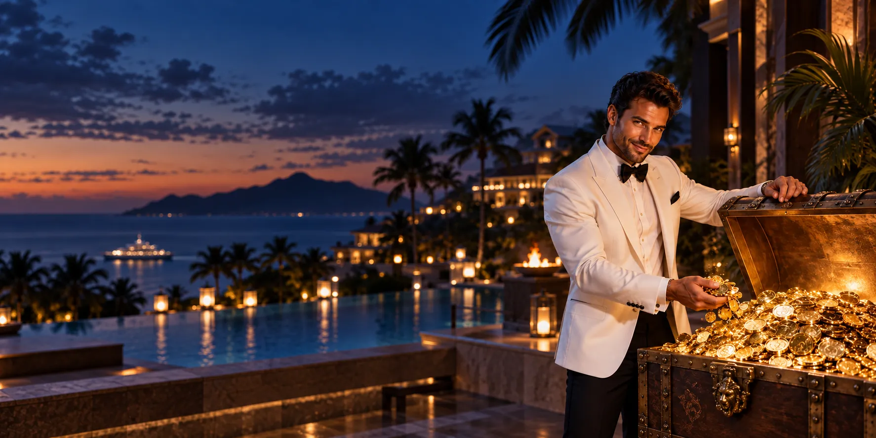 Man beside an open treasure chest of gold coins at a resort casino, Here2Win Casino bonus