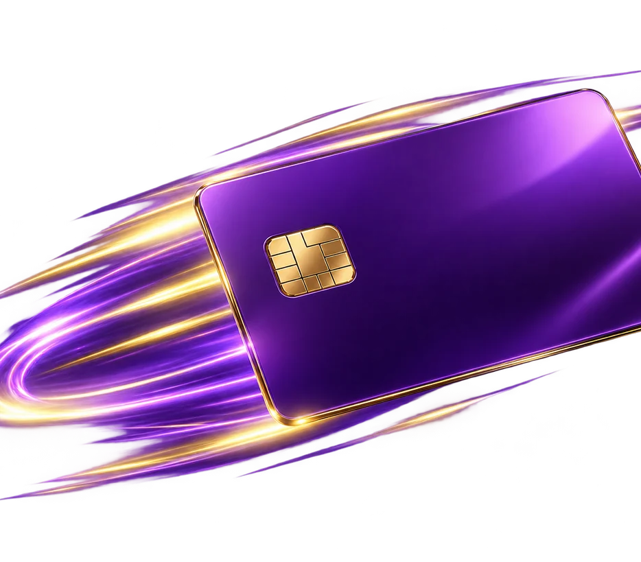 Purple and gold credit card mock-up with embossed card details