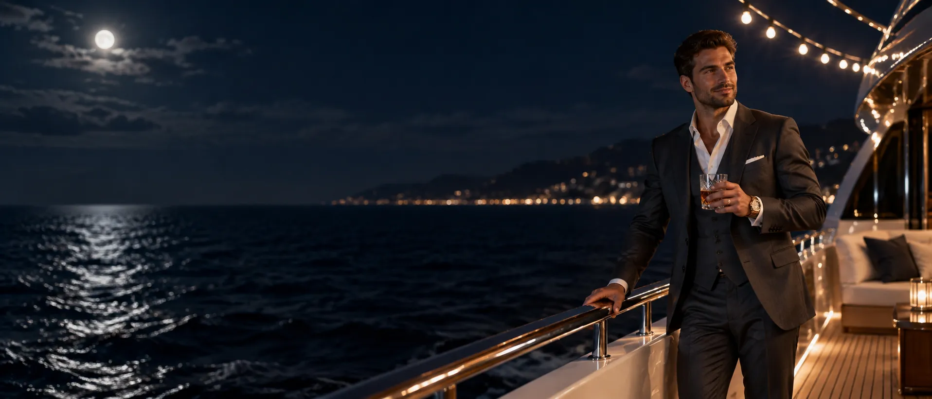 Man with a crystal glass at a yacht railing at night, setting the scene for this Here2Win Casino FAQ
