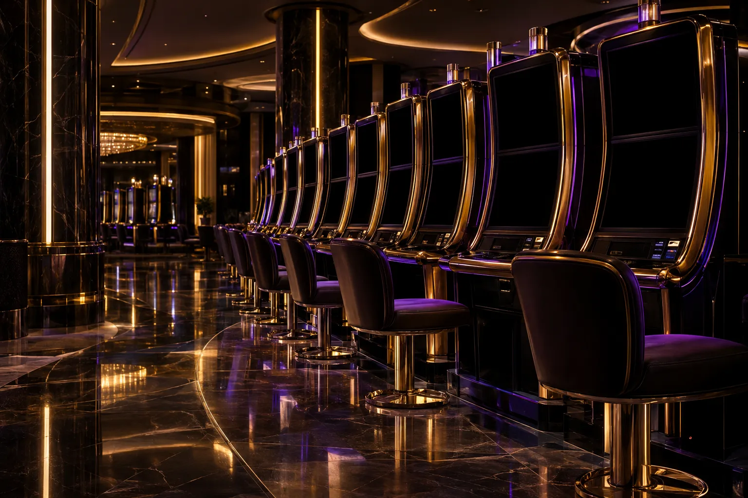 Rows of glowing pokie machines on a casino floor