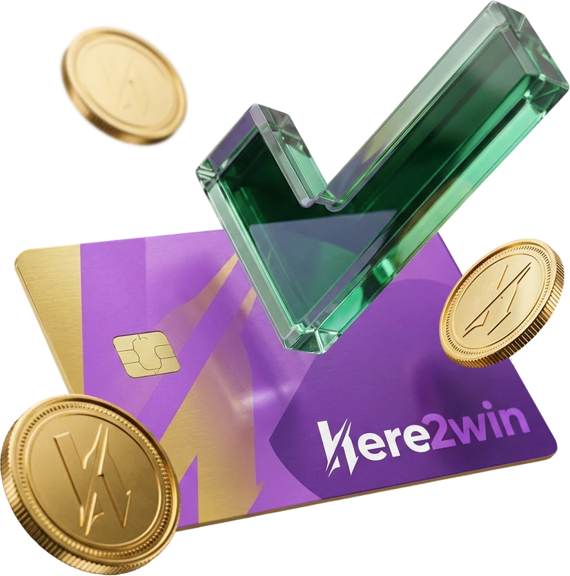 Purple and gold Here2Win branded payment card