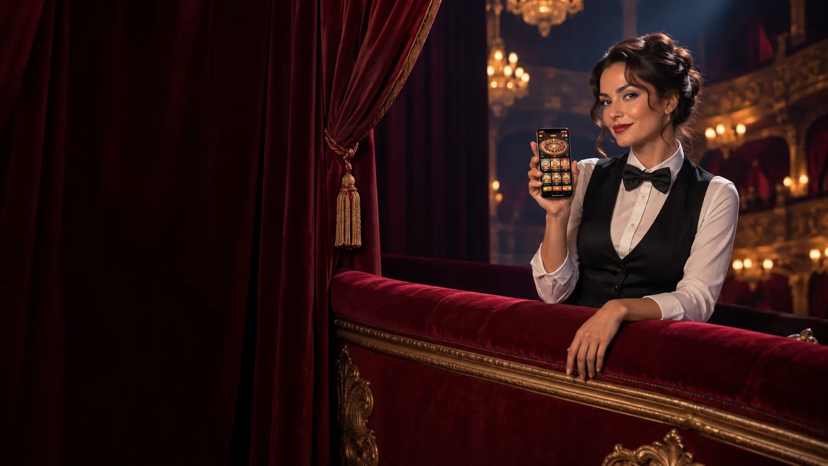 Croupier holding a glowing smartphone in a velvet opera box, Here2Win Casino mobile