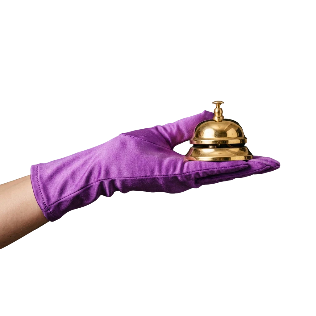 Hand in a satin glove holding a gold desk bell, evoking quick account help