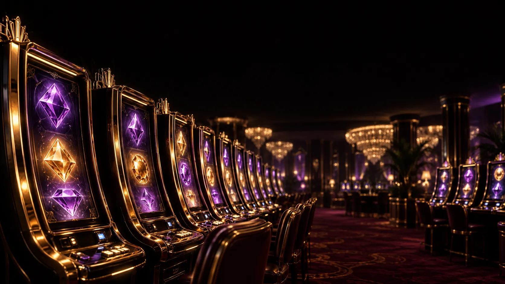 Glowing pokie cabinets in soft bokeh light