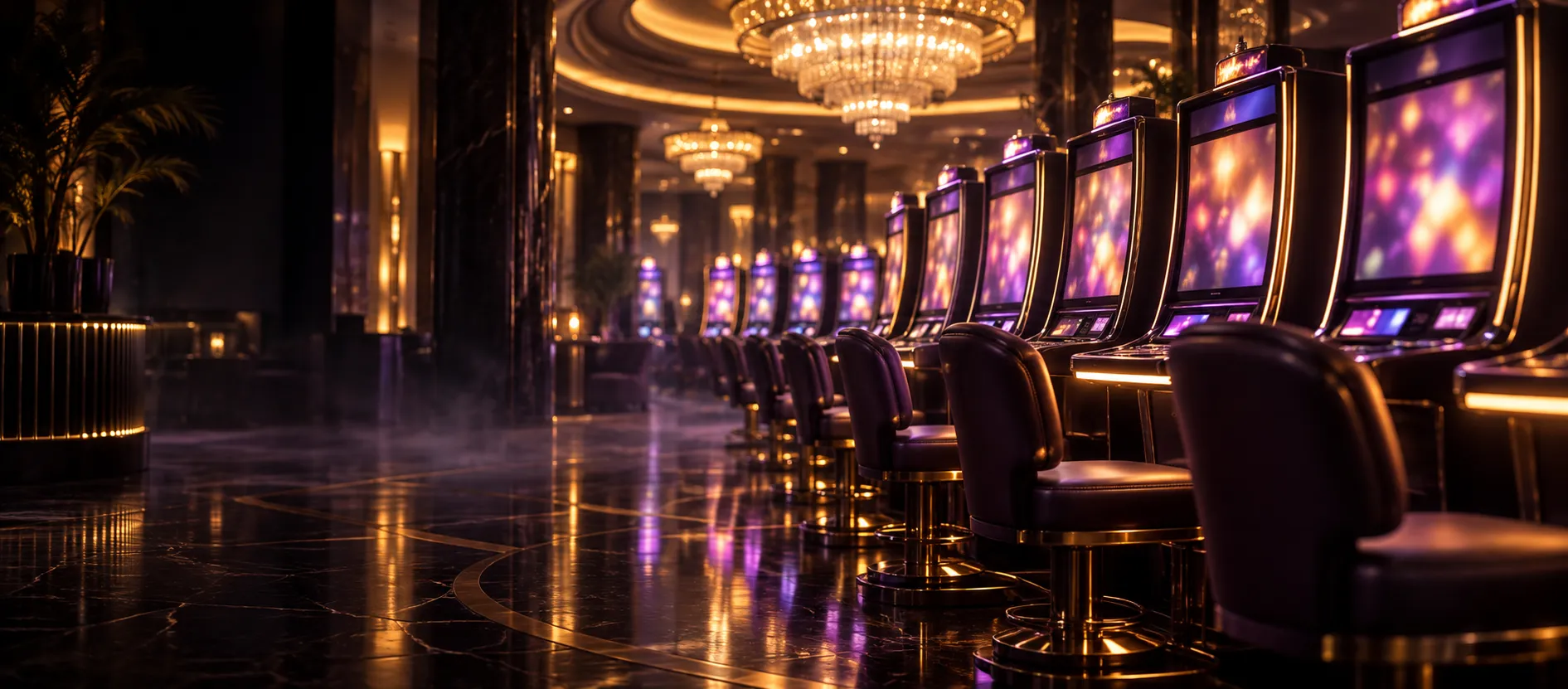 Atmospheric view across a casino pokie floor