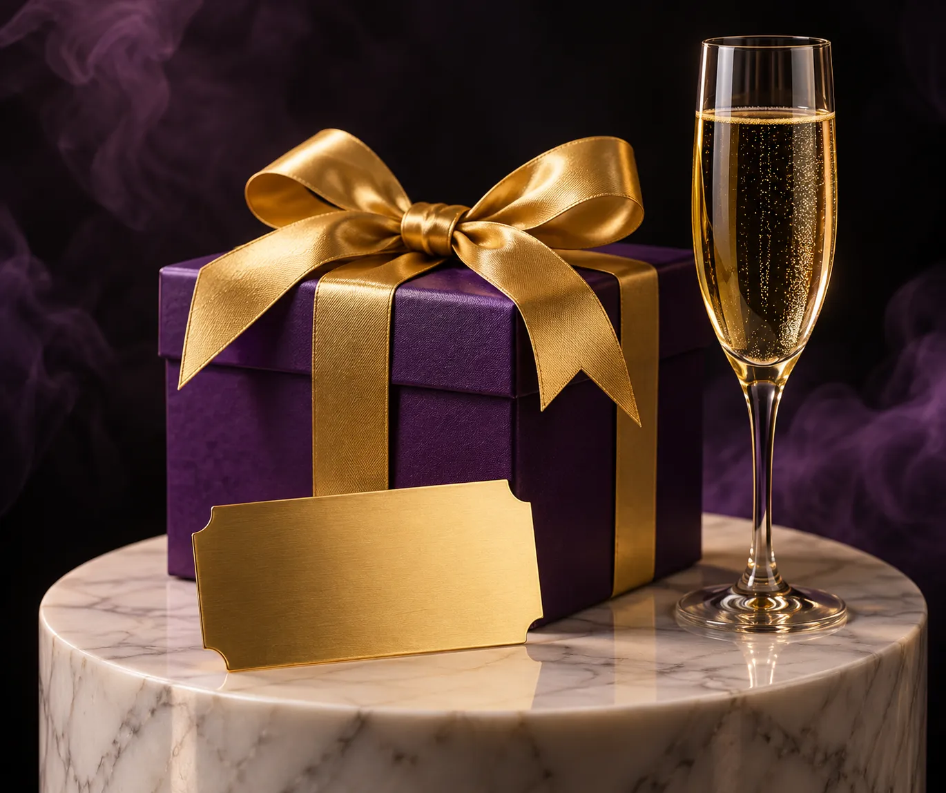 A gift box and ticket displayed on a pedestal, symbolising the welcome package's step-by-step structure