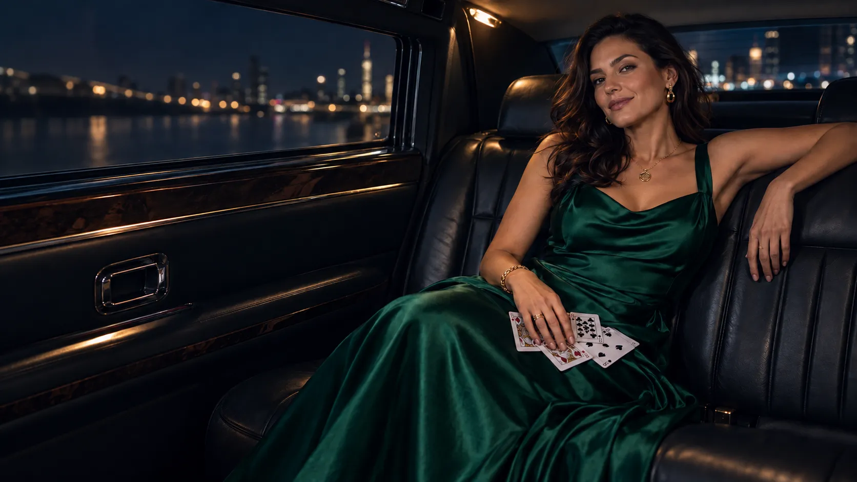 Woman with a scatter of playing cards in a limousine, Here2Win Casino pokies guide
