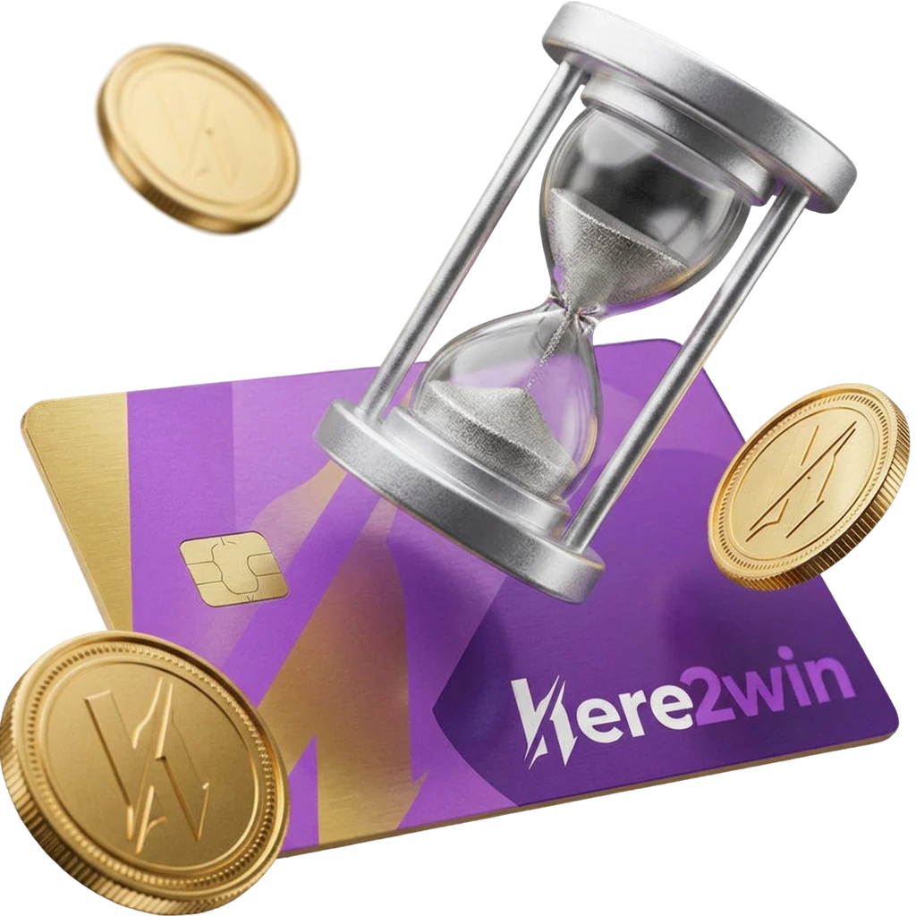 Hourglass resting on a purple Here2Win payment card