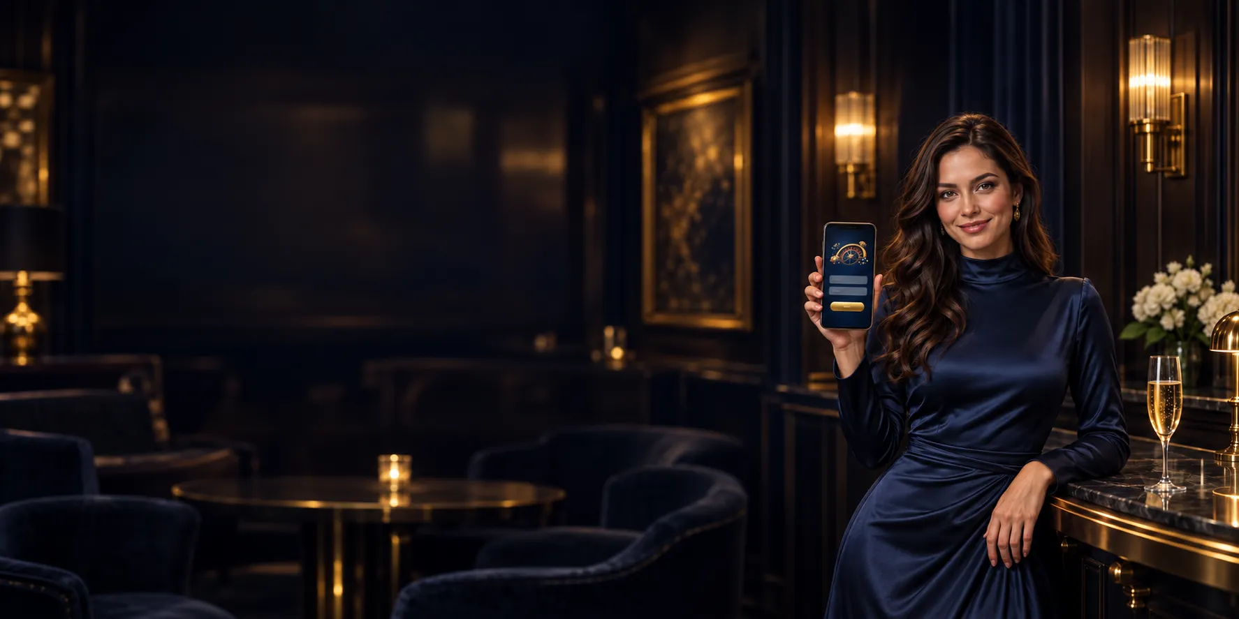 Woman in an evening dress holding a phone signed in to Here2Win Casino in a cigar lounge