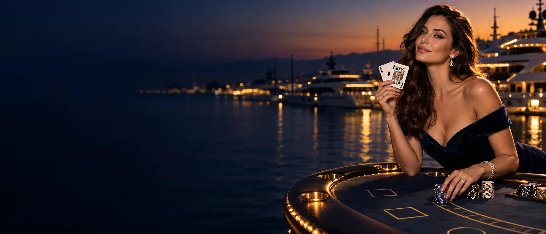Woman at a dockside blackjack table with a winning hand at Here2Win Casino